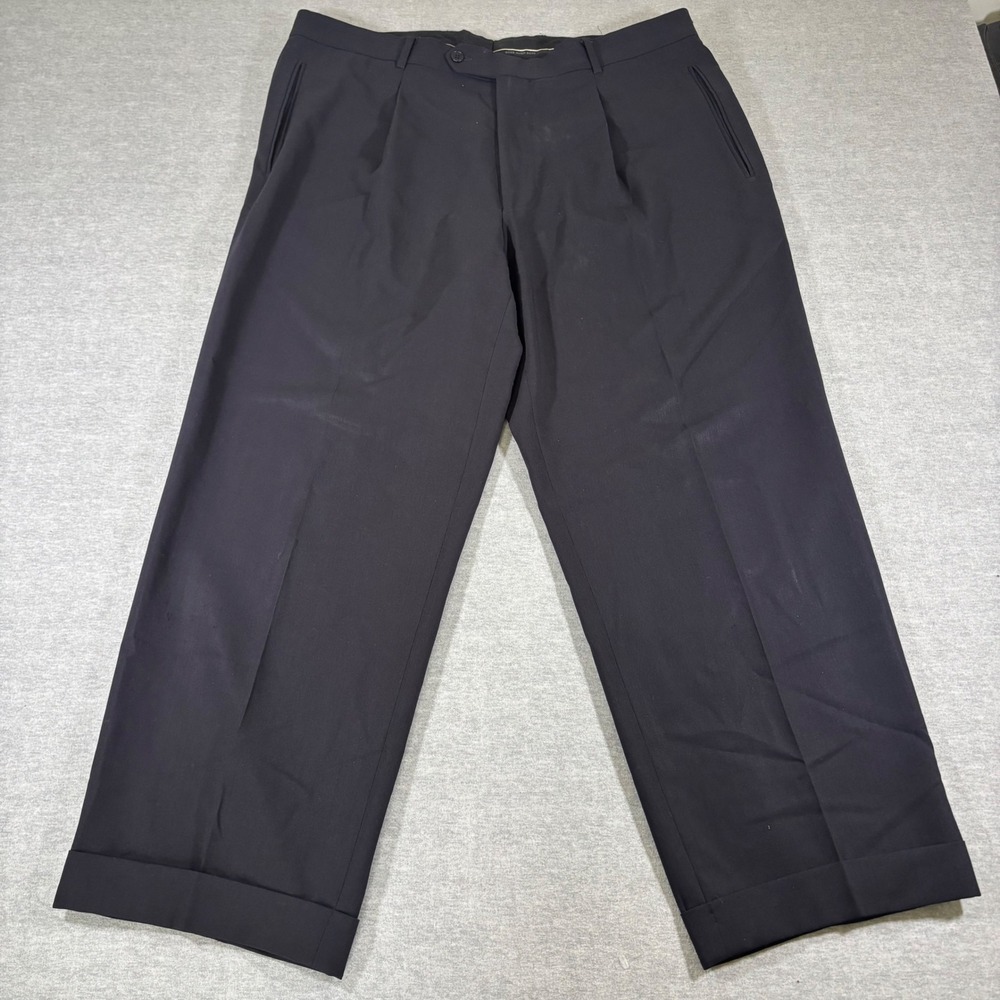 Hugo Boss Mens Pleated Cuffed Virgin Wool Dress Pants Navy Blue 40x28 Hooker US